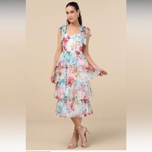 Lulus Vivid Sensation White Multi Floral Tie-Strap Midi
Dress - Size Large